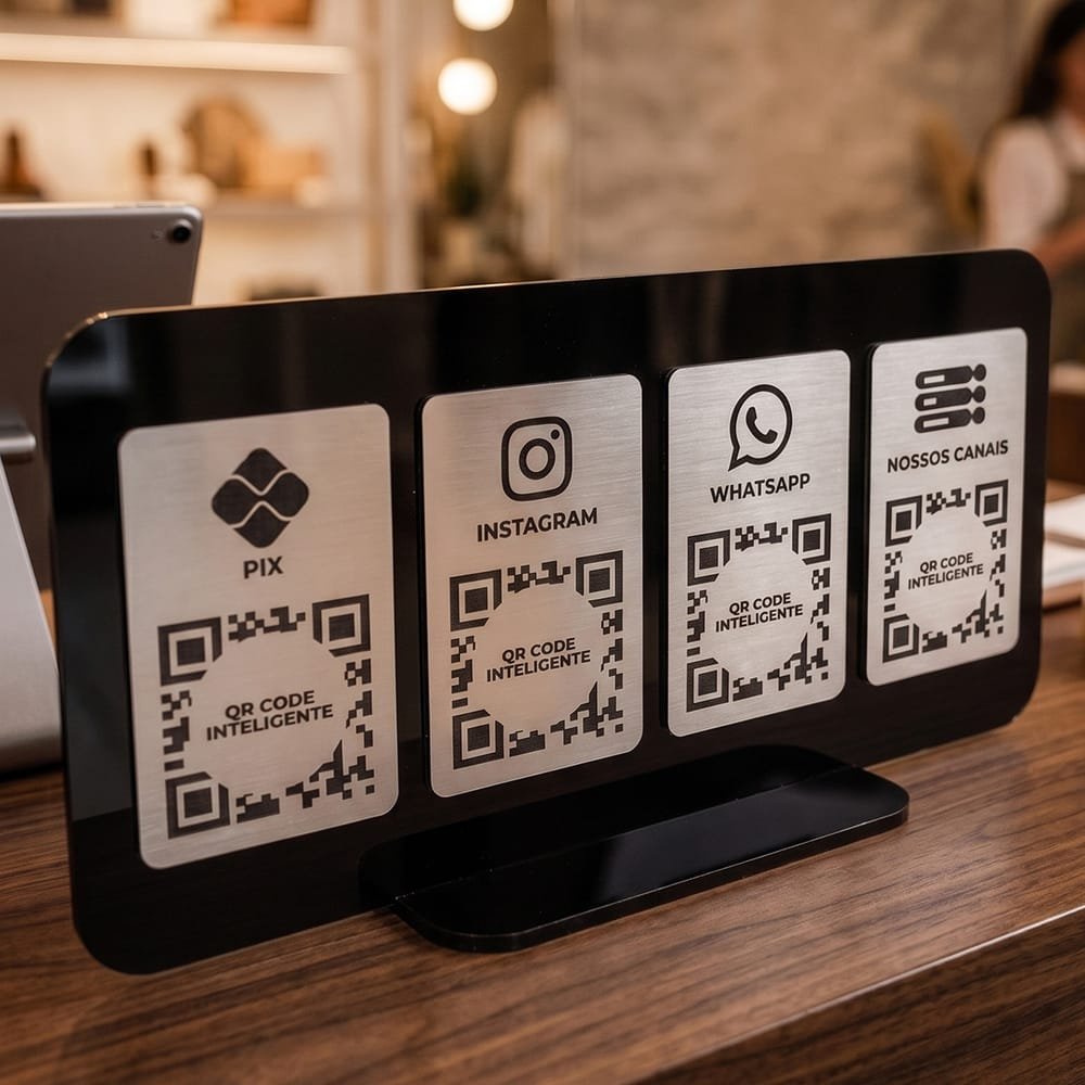 Placa Display Acrílico 8 QR Codes Pix e Redes Sociais Balcão