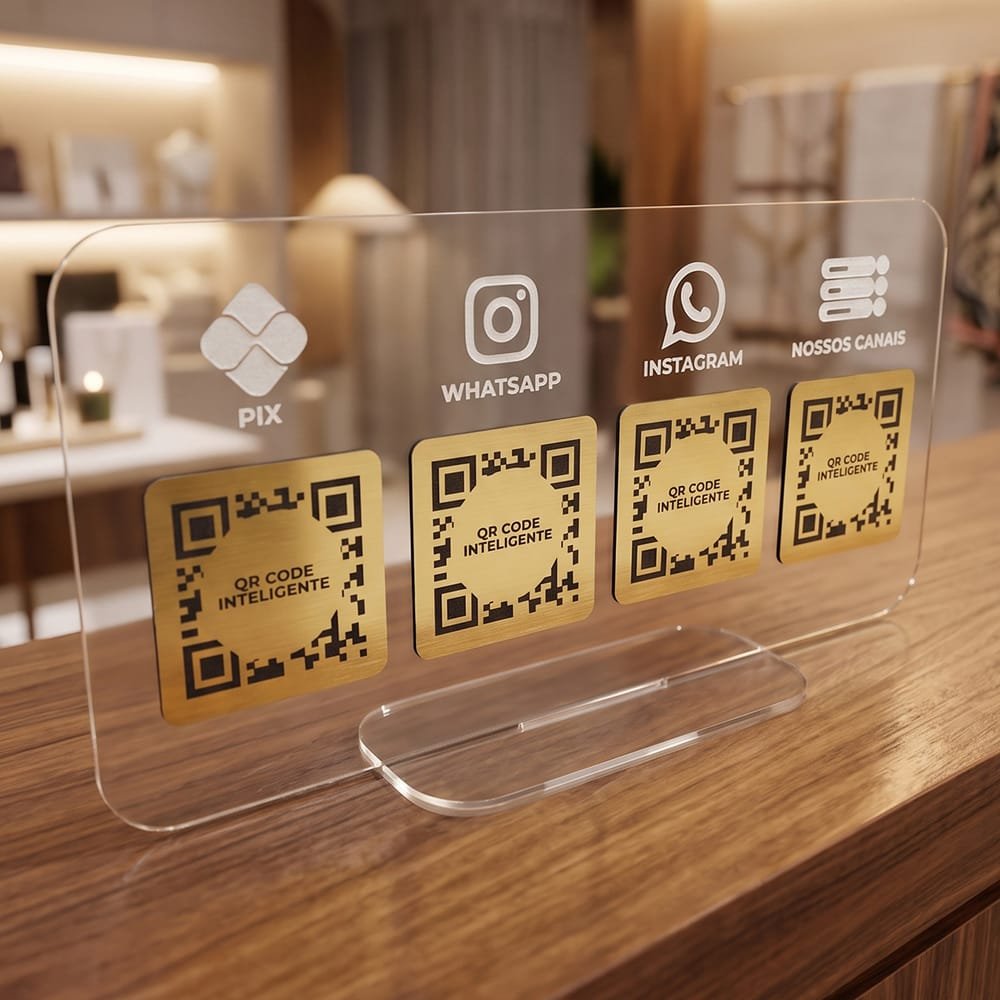 Display Acrílico Mesa 4 QR Codes Pix e Redes Sociais