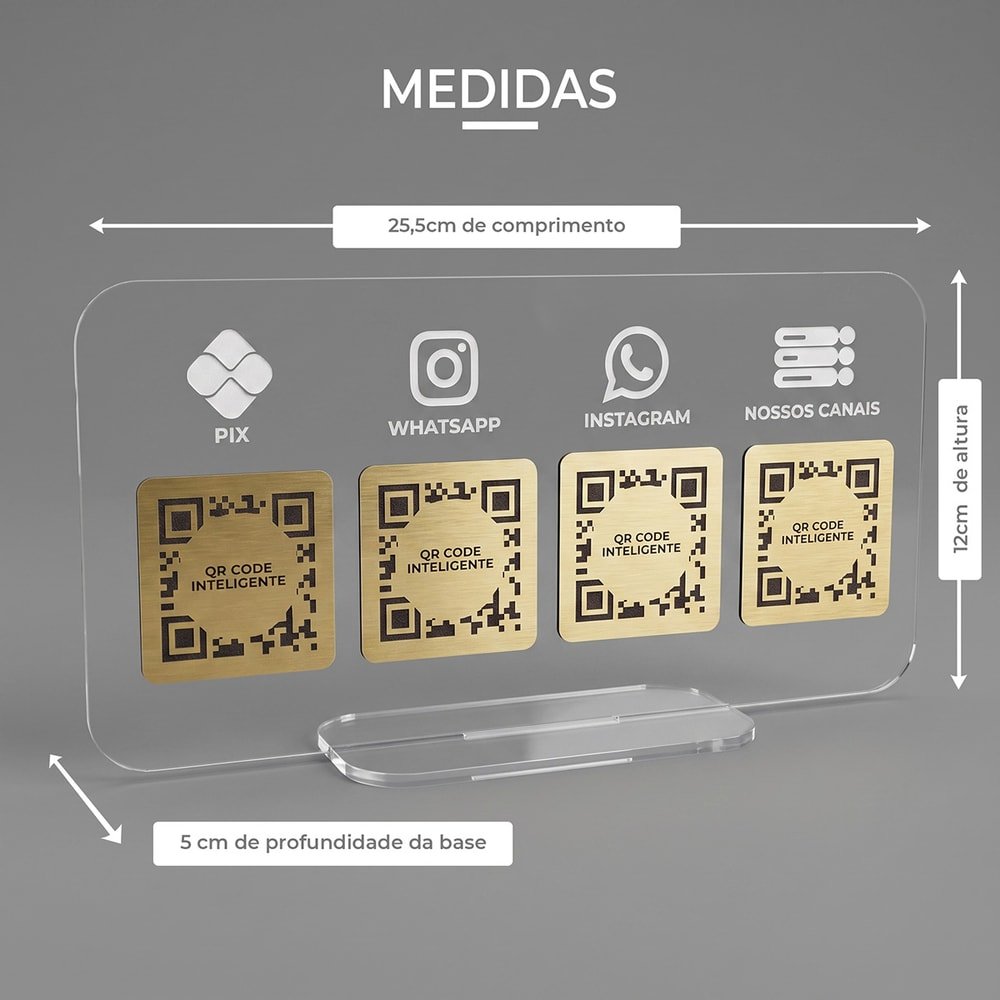 Display Acrílico Mesa 4 QR Codes Pix e Redes Sociais