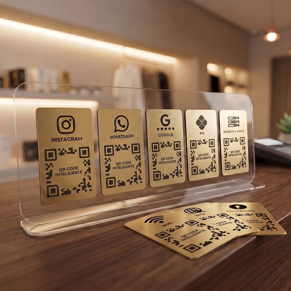 Display de Mesa Acrílico 5 QR Codes Dourado Premium