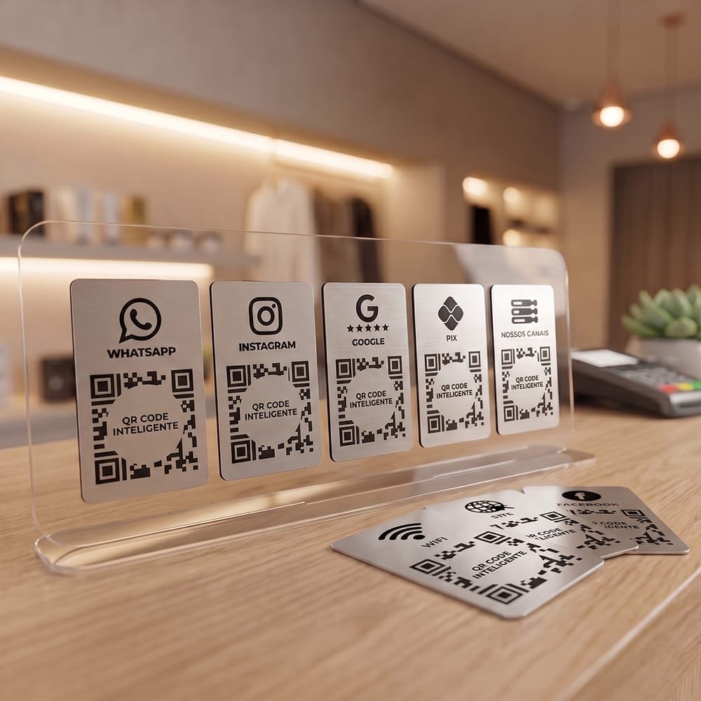 Placa Display Acrílico Mesa 5 QR Codes Pix e Redes Sociais
