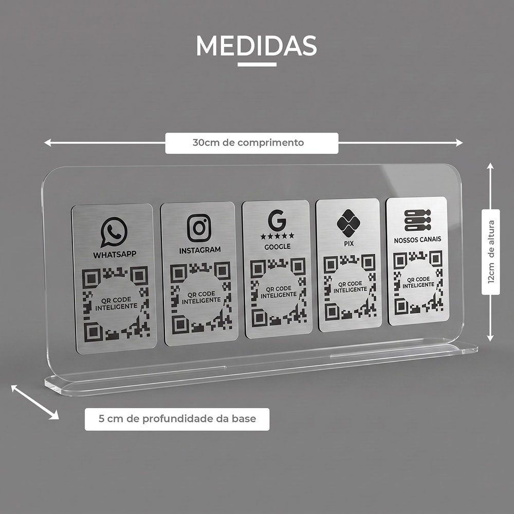 Placa Display Acrílico Mesa 5 QR Codes Pix e Redes Sociais