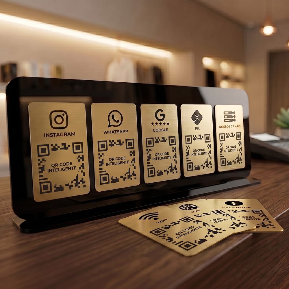 Display de Mesa Acrílico 5 QR Codes Pix Redes Sociais