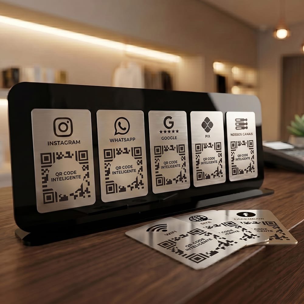 Placa Display de Mesa Multi QR Code Acrílico Pix Redes Sociais