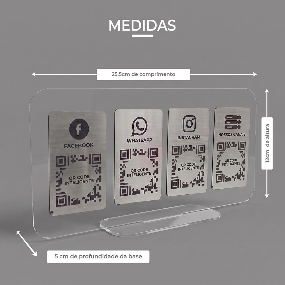 Display Acrílico Mesa 8 QR Codes Redes Sociais e Contato