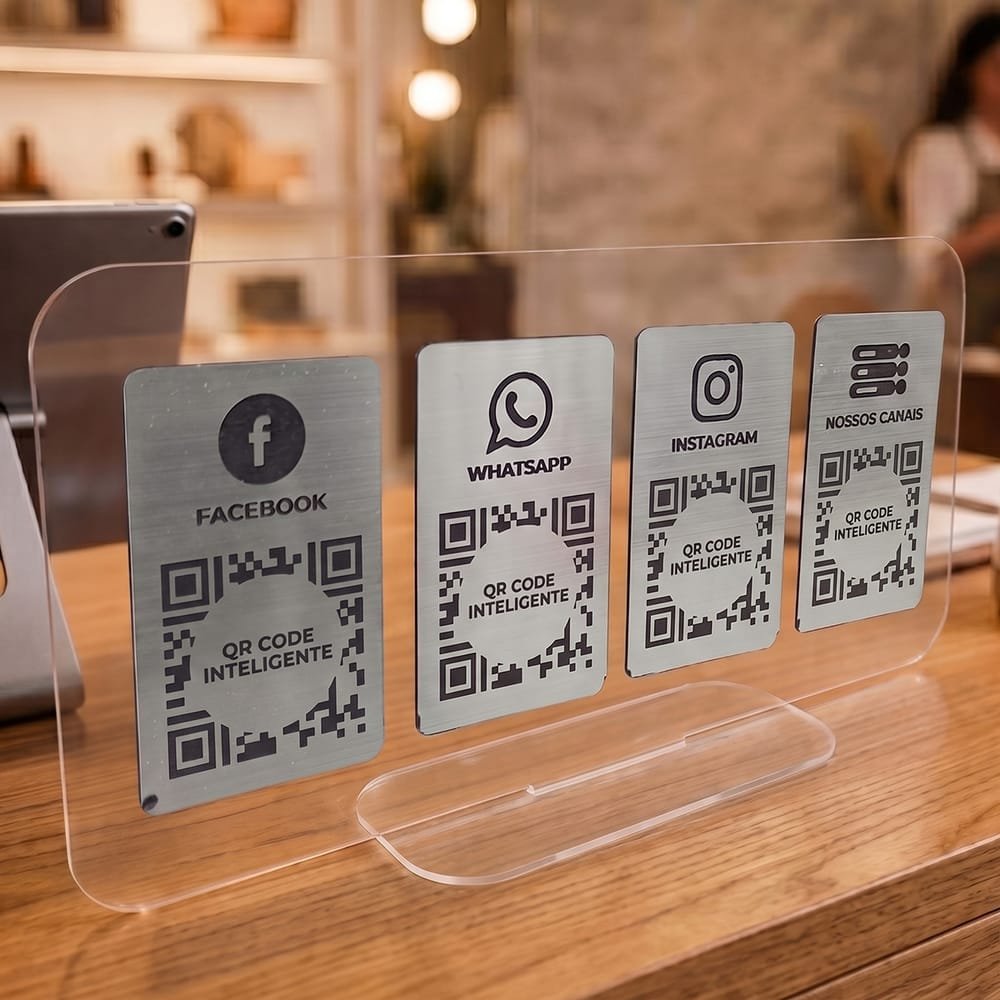 Display Acrílico Mesa 8 QR Codes Redes Sociais e Contato