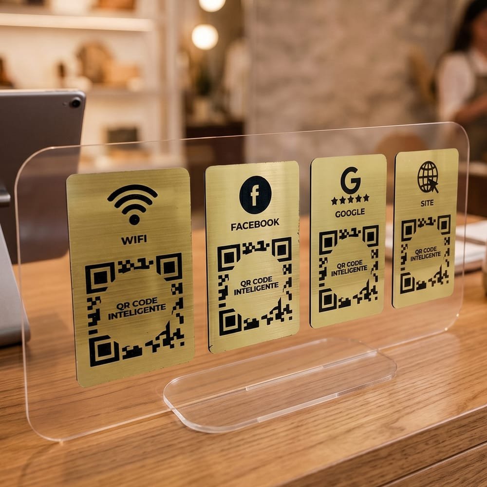 Display Acrílico Mesa 8 QR Codes Wi-Fi Redes Sociais Dourado