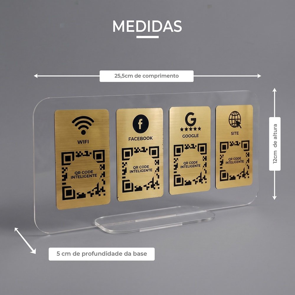Display Acrílico Mesa 8 QR Codes Wi-Fi Redes Sociais Dourado
