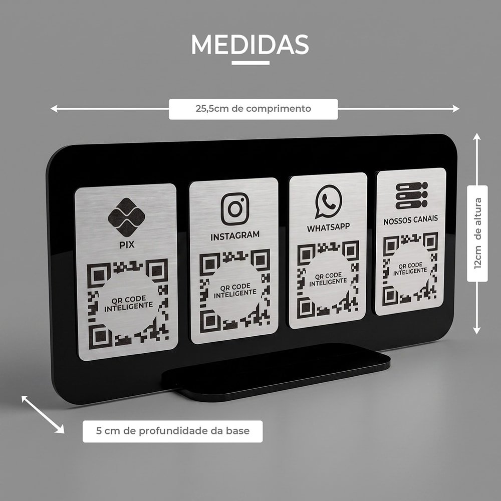 Placa Display Acrílico 8 QR Codes Pix e Redes Sociais Balcão