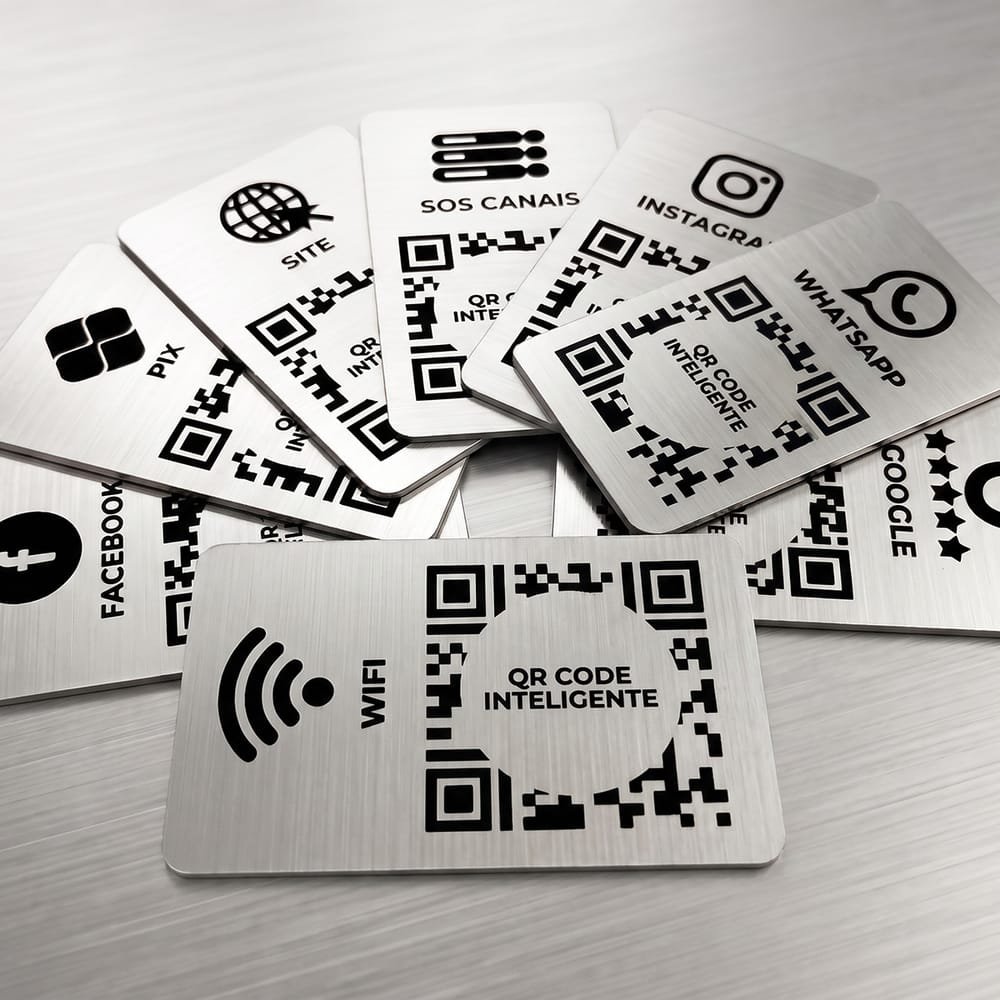 Placa Display Acrílico Mesa 5 QR Codes Pix e Redes Sociais